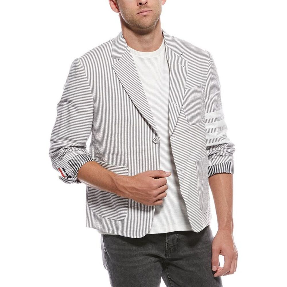 Thom Browne Mens  Funmix Seersucker 4-Bar Sack Jacket, Grey